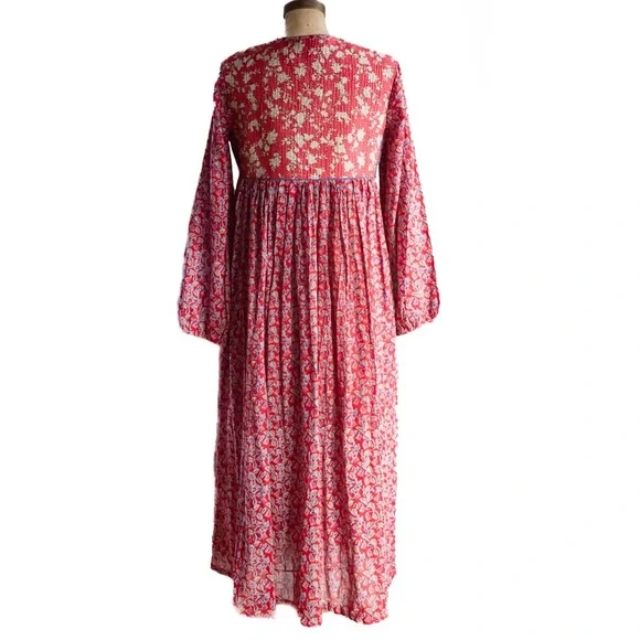 Indian Boho Block Print Hand Stitched Red Kantha Bodice Maxi Dress Sz Small - Picture 2 of 11